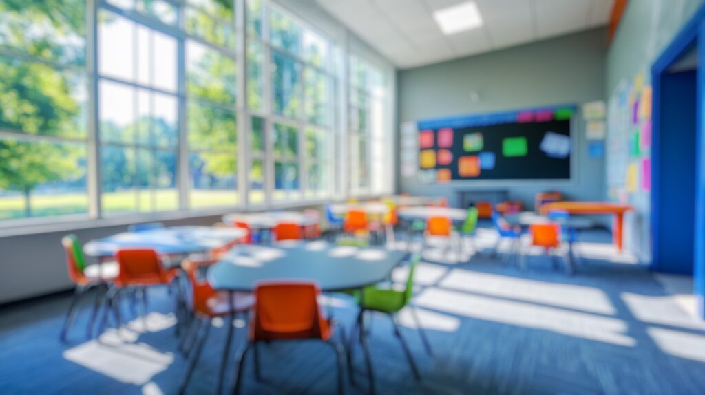 Blurred background of a bright and modern classroom showcasing colorful desks arranged for an engaging learning experience, illuminated by natural sunlight through large windows.